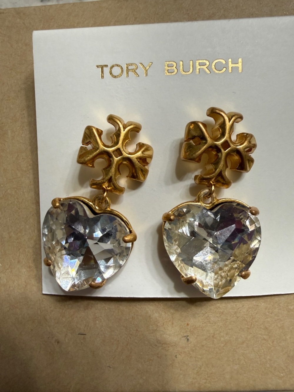 Tory Burch Gold-Tone Heart Crystal Drop Earrings